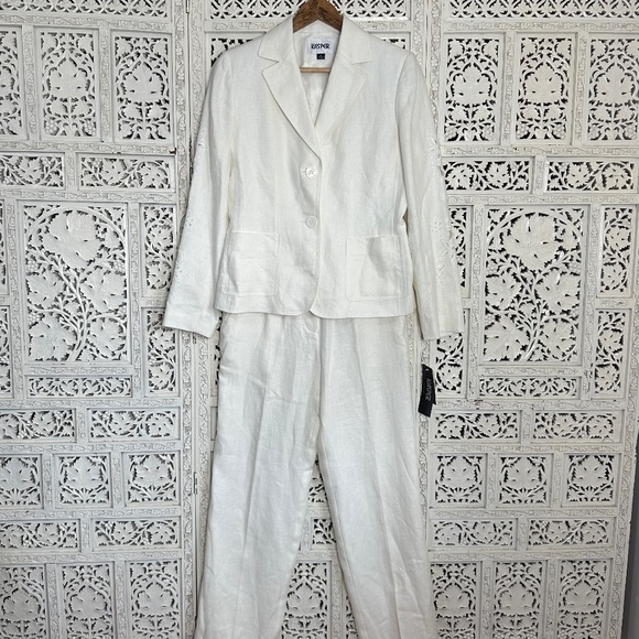 NWT Kasper 2-Piece 100% Linen Cream Ivory Embroidered Cut Out Suit Blazer Set - Picture 1 of 13